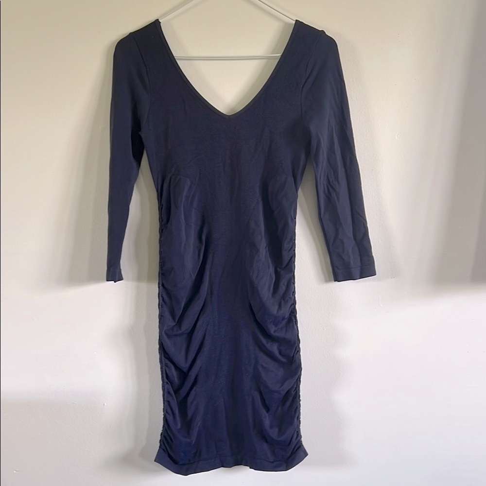 Bebe Blue Ruched V-Neck Bodycon Dress